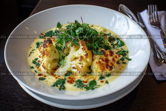 Cauliflower creamy soup with baked cauliflower florets on the top in a white bowl on a dark wood tabletop. Restaurant style dish. Hot, delicious plate of cream-of-cauliflower soup with melted cheese. Стоковое AI-изображение, AI-художник Марина Демидюк / Фотобанк Лори