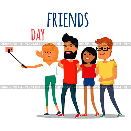 Celebrating friendship day concept. Men and women cartoon characters making selfie photo flat vector on white background. Happy best friends have fun together illustration for holiday greeting card. Стоковая иллюстрация, агентство Ingram Publishing / Фотобанк Лори