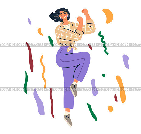 Celebration concept. Woman dancing energetically with colorful confetti around her, wearing a checkered shirt and purple pants. Ideal for parties, festivals, joyful events, lifestyle promotions. Joyful Dancing Woman with Confetti. Стоковая иллюстрация, агентство Ingram Publishing / Фотобанк Лори