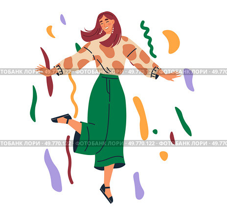 Celebration concept. Young woman with reddish-brown hair dances joyfully in a green skirt and patterned shirt amidst colorful abstract shapes. Ideal for party themes, holiday celebrations, festive. Joyful Dancing Woman Amidst Festive Decorations. Стоковая иллюстрация, агентство Ingram Publishing / Фотобанк Лори