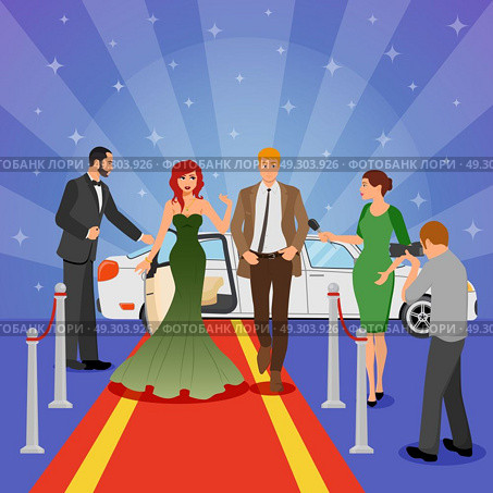 Celebrity Design Composition. Celebrity design composition with young woman in evening dress on red carpet white limousine and interviewing journalists flat vector illustration. Стоковая иллюстрация, агентство Ingram Publishing / Фотобанк Лори
