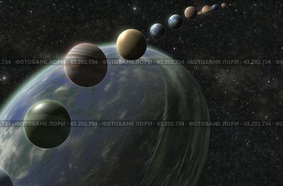 Celestial parade of aligned planets. Стоковое AI-изображение, AI-художник Данил Руденко / Фотобанк Лори