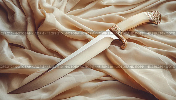 Ceremonial dagger on silk fabric. Стоковое AI-изображение, AI-художник Юрий Поздников / Фотобанк Лори