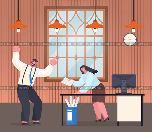 Chaos in office, angry man, boss or manager clenches his fists over his head, nervous frightened girl gives document. Office desk with laptop. Deadline. Do not cope with work. Get reprimand from boss. Cartoon office characters nervous. Boss scolds subordinate woman. Chaos in office. Flat vector image. Стоковая иллюстрация, агентство Ingram Publishing / Фотобанк Лори