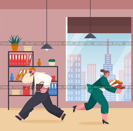 Chaos in office. Unorganized office workers in panic. People stressing, solving difficulties, problems. Workers and failure deadline. Man with phone calling, woman with folders, people running. Man with phone calling, woman with folders, people running, chaos in office, unorganized workers. Стоковая иллюстрация, агентство Ingram Publishing / Фотобанк Лори