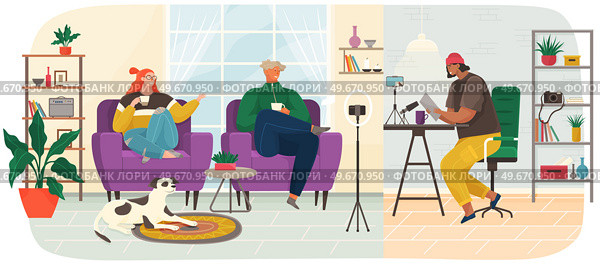Characters giving interview to journalist. Live report, press conference with guests of radio station. People communicate during podcast. Live communication at interview. Recording audio podcast. People communicate during podcast. Live communication at interview. Recording audio podcast. Стоковая иллюстрация, агентство Ingram Publishing / Фотобанк Лори