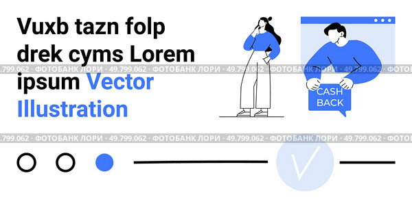Characters with thoughtful poses, computer screen, cash back, black and blue text. Ideal for finance, customer service, e-commerce, refunds, digital marketing, user experience, and app development. Modern Concept of Refund Policy with Figures and Circular Design Elements in Blue. Стоковая иллюстрация, агентство Ingram Publishing / Фотобанк Лори