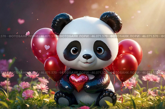 Charming panda chibi with huge sparkling eyes, clutching a heart-shaped balloon against the background of a bright flower garden, radiating joy. Стоковое AI-изображение, AI-художник Александр Поташев / Фотобанк Лори