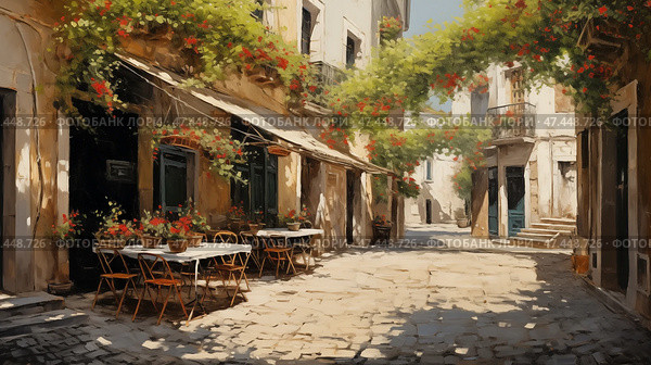 Charming spring landscape in a European city with vibrant flowers and empty cafe tables. Стоковое AI-изображение, AI-художник Ксения Лаптева / Фотобанк Лори
