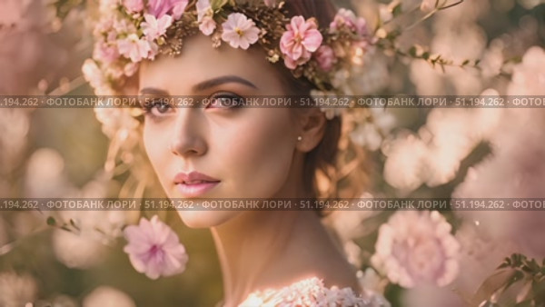 Charming woman wearing flower crown on her head, adding a touch of nature to her appearance. She exudes a sense of beauty and charm as she showcases the floral adornment. Стоковое AI-видео, аниматор Данила Большаков / Фотобанк Лори