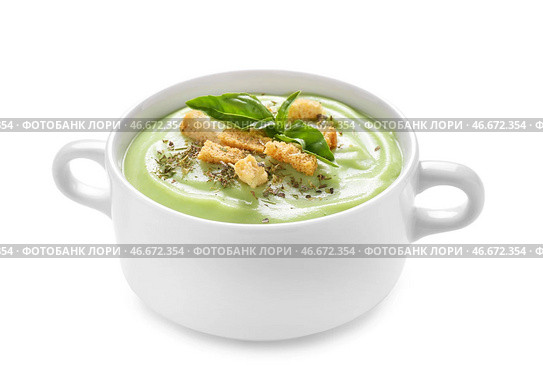 Чаша с вкусным супом из цуккини на белом фоне. Стоковое фото, фотограф Pixel_shot / Фотобанк Лори