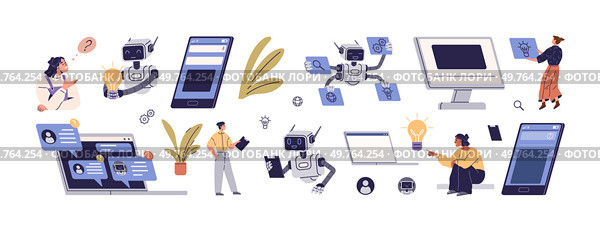 Chat bot. Online communication with chat bot. Digital brain neural network AI servers and robots technology. Artificial intelligence chat bot. Robot application, conversation assistant. Online support. Chat bot. Online communication with chat bot. Digital brain neural network AI servers and robots technology. Стоковая иллюстрация, агентство Ingram Publishing / Фотобанк Лори