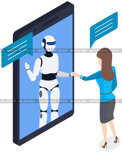 Chatbot concept support robot technology digital chat bot application on smartphone screen with chat bubbles. Woman user communicating with virtual white robot modern mobile app, humanoid assistant. Chatbot concept support robot technology digital chat bot app on smartphone screen with chat bubbles. Стоковая иллюстрация, агентство Ingram Publishing / Фотобанк Лори