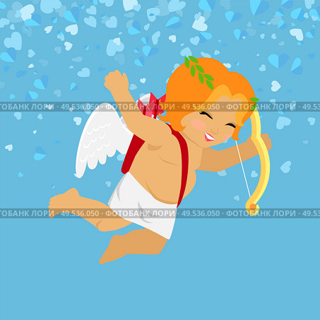 Cheerful Cupid holding bow, Valentines Day. Little boy Amour with wings isolated on blue vector cartoon. Festive romantic postcard with angle and hearts. Cheerful Cupid Holding Bow, Valentines Day Vector. Стоковая иллюстрация, агентство Ingram Publishing / Фотобанк Лори