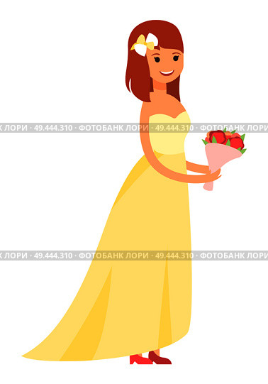 Cheerful lady with brown hair vector illustration of beautiful fiancee in nice bright yellow gown, cute pink shoes pretty small flower braid into hair. Cheerful Lady with Brown Hair Vector Illustration. Стоковая иллюстрация, агентство Ingram Publishing / Фотобанк Лори