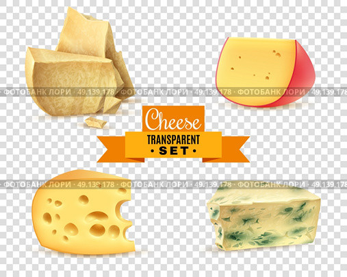 Cheese 4 Realistic Images Transparent Set. Best quality special cheeses realistic images composition with edam maasdam parmesan and dorblu transparent background vector illustration . Стоковая иллюстрация, агентство Ingram Publishing / Фотобанк Лори