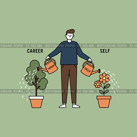 Человек поливает два растения: "карьера" и "личность" ("career" and "self)". Метафора груза ответственности между работой и личной жизнью, требующих постоянного внимания и заботы. Стоковое AI-изображение, AI-художник Ирина Першина / Фотобанк Лори