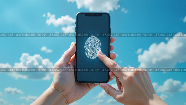 Человек разблокирует смартфон с функцией сканирования отпечатка пальца на фоне неба. Стоковое AI-изображение, AI-художник Валерий Лукин / Фотобанк Лори