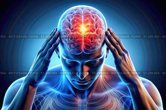 Человек с болями в голове, визуализация мозга. Стоковое AI-изображение, AI-художник Roman Zavorotny / Фотобанк Лори