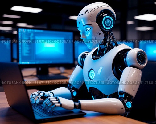 Человекоподобный робот печатает на клавиатуре ноутбука. Стоковое AI-изображение, AI-художник Ирина Калугина / Фотобанк Лори