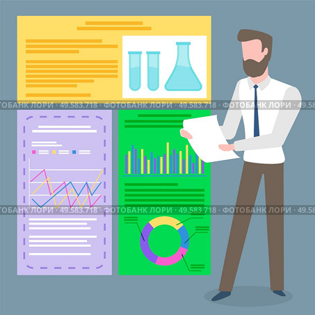 Chemical laboratory research documents and scientist, burners and fluids, infographic vector. Measurement experiments, acids reactions and graphics presentation. Chemistry lab beakers illustration. Scientist and Chemical Documents, Infographics. Стоковая иллюстрация, агентство Ingram Publishing / Фотобанк Лори