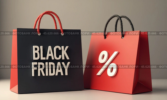 Черный пакет с надписью Black Friday и Красный со знаком процента. Концепция распродажи. Стоковое AI-изображение, AI-художник Илья Старков / Фотобанк Лори