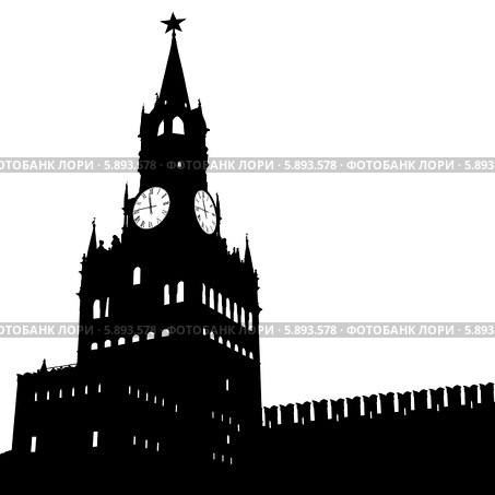 Чёрный силуэт Спасской башни Московского Кремля на белом фоне. Стоковое фото, фотограф Фотограф / Фотобанк Лори