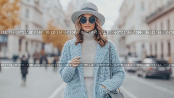 Chic Woman in Light Blue Coat Striding Cityscape. Стоковое AI-видео, аниматор Данила Большаков / Фотобанк Лори