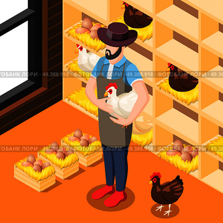 Chicken coop isometric background with farmer, hens, eggs in wooden boxes with straw vector illustration. Chicken Coop Isometric Background. Стоковая иллюстрация, агентство Ingram Publishing / Фотобанк Лори