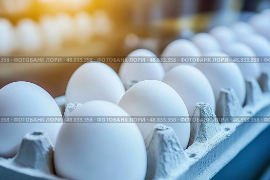 Chicken Eggs on a conveyor belt. Hatching and poultry farming. Egg factory industry. Egg selection process and grading production line with fresh eggs. Automated business, organic farming concept. Стоковое AI-изображение, AI-художник Марина Демидюк / Фотобанк Лори