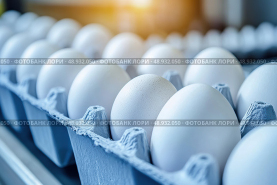 Chicken Eggs on a conveyor belt. Hatching and poultry farming. Egg factory industry. Egg selection process and grading production line with fresh eggs. Automated business, organic farming concept. Стоковое AI-изображение, AI-художник Марина Демидюк / Фотобанк Лори