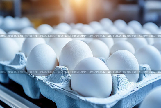 Chicken Eggs on a conveyor belt. Hatching and poultry farming. Egg factory industry. Egg selection process and grading production line with fresh eggs. Automated business, organic farming concept. Стоковое AI-изображение, AI-художник Марина Демидюк / Фотобанк Лори
