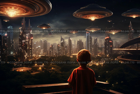 Child gazing at futuristic city with ufos. Стоковое AI-изображение, AI-художник Иван Рябоконь / Фотобанк Лори
