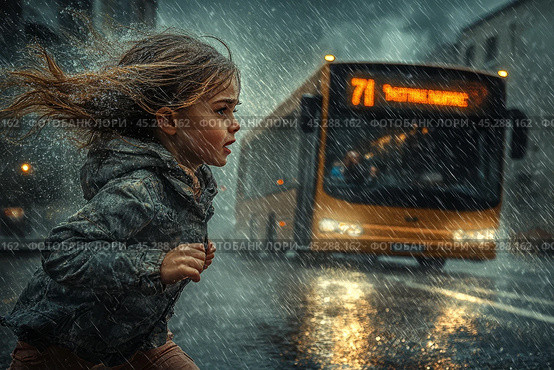 Child runs across road in front of an oncoming bus in low visibility during storm. Стоковое AI-изображение, AI-художник Владимир Григорьев / Фотобанк Лори