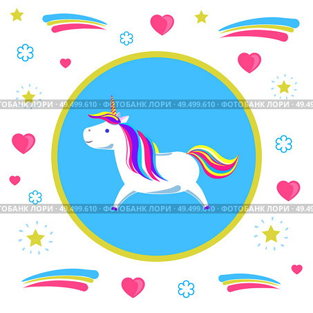 Childish girly unicorn from legend, mysterious horse from fairy tales in circle on pattern with hearts and dots. Animal character with rainbow mane vector. Childish Girl Unicorn from Legend Mysterious Horse. Стоковая иллюстрация, агентство Ingram Publishing / Фотобанк Лори