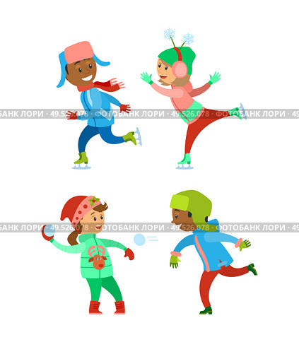 Children Christmas winter vacations holidays set vector. Kids playing snowball fight together, child wearing warm clothes on skating rink. Fun infants. Children Christmas Winter Vacations Holidays Set. Стоковая иллюстрация, агентство Ingram Publishing / Фотобанк Лори