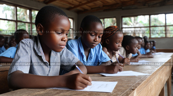 Children in an African classroom learning about geography, looking at maps and educational materials. Lack of school supplies. Black African children from disadvantaged families learn in school, read books, get primary education, volunteer service. Стоковое AI-изображение, AI-художник ALLA YURTAYEVA / Фотобанк Лори