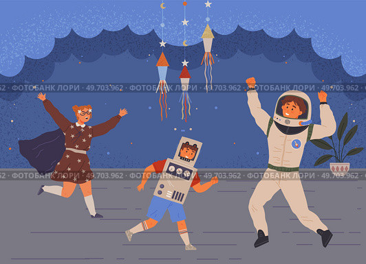 Children play with animators at birthday in cosmic style. Set of holiday scenes with people at space party. Kids in costumes have fun together. Joint pastime and recreation with friends at party. Children play with animators at birthday in cosmic style. Set of scenes with people at space party. Стоковая иллюстрация, агентство Ingram Publishing / Фотобанк Лори