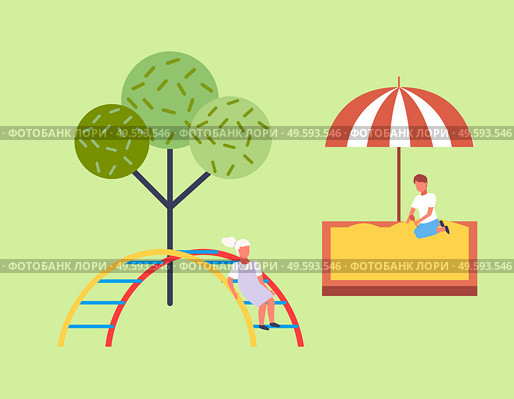 Children spending time at playground. Kids have fun, recreation outdoors at summer. Boy playing with sand in sandbox under umbrella. Girl with ponytail climbing at arch ladder. Playing kid s in park. Kids have fun, recreation outdoors at summer, boy playing with sand in sandbox under umbrella. Стоковая иллюстрация, агентство Ingram Publishing / Фотобанк Лори