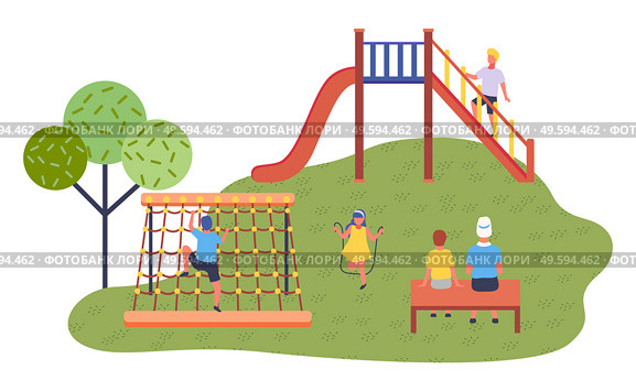 Children spending time at playground. Kids have fun. Boy at slide stand at stairs. Girl wearing dress jumping at jump rope. Woman and son rest at bench. Boy climbing at rope wall, summer activities. Children spending time at playground, slide, rope wall, jumping rope, relaxing at bench, hobbies. Стоковая иллюстрация, агентство Ingram Publishing / Фотобанк Лори