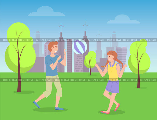 Children spending time in summer park playing with ball, kids have fun, recreation, girl with pigtails and boy play active game, little children, friends, playtime, urban buildings at background. Children spending time in summer park playing with ball, kids have fun, girl with pigtails, friends. Стоковая иллюстрация, агентство Ingram Publishing / Фотобанк Лори