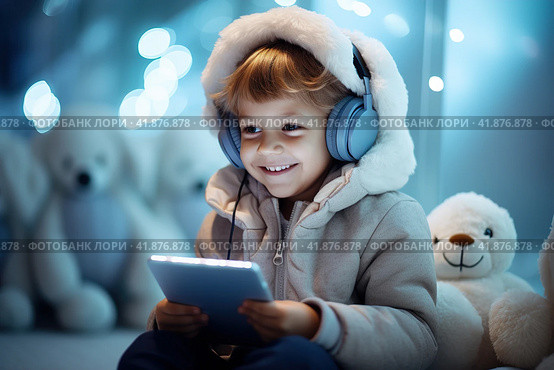 Children with gadgets, Alpha generation, Digital Aborigines - people born after the digital revolution and accustomed to gadgets from an early age. Стоковое AI-изображение, AI-художник Ирина Ручушкина / Фотобанк Лори