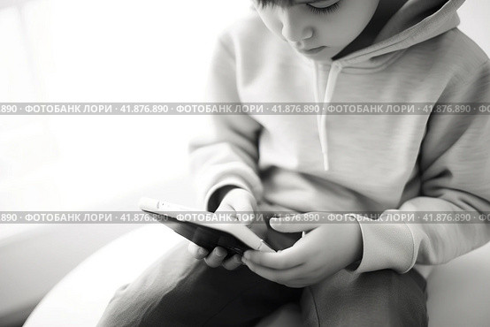 Children with gadgets, Alpha generation, Digital Aborigines - people born after the digital revolution and accustomed to gadgets from an early age. Стоковое AI-изображение, AI-художник Ирина Ручушкина / Фотобанк Лори