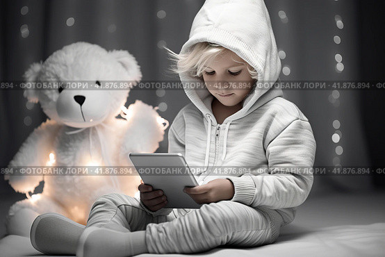 Children with gadgets, Alpha generation, Digital Aborigines - people born after the digital revolution and accustomed to gadgets from an early age. Стоковое AI-изображение, AI-художник Ирина Ручушкина / Фотобанк Лори
