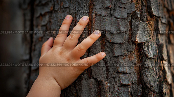 Child's hand exploring the rough texture of a tree trunk in a serene setting. Детская рука исследует грубую текстуру ствола дерева в безмятежной обстановке. Стоковое AI-изображение, AI-художник Katsiaryna Repich / Фотобанк Лори