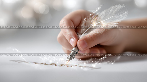 Child’s Hand Holding Glowing Feather Pen, Mystical Letters Emerging from Blank Page in Whimsical Learning Moment. Рука ребенка, держащая светящееся перо, мистические буквы, появляющиеся на пустой странице в причудливом моменте обучения. Стоковое AI-изображение, AI-художник Katsiaryna Repich / Фотобанк Лори