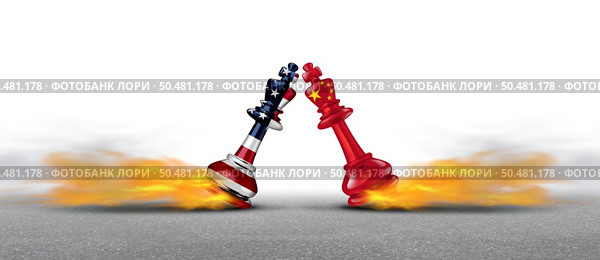 China United States dispute and Conflict or trade war with American and Chinese chess kings a fighting as an economic and geopolitical dispute concept as a 3D illustration. Стоковое фото, агентство Ingram Publishing / Фотобанк Лори