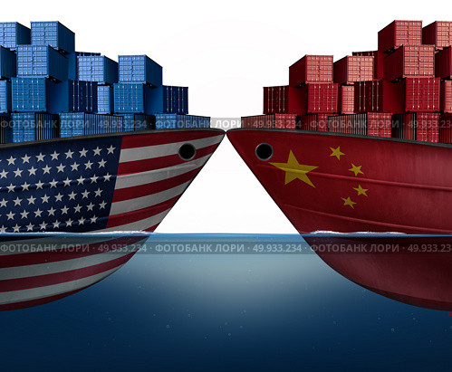 China United States trade war and American tariffs or Chinese tariff as two cargo ships as an economic  taxation dispute over import and exports concept as a 3D illustration. Стоковое фото, агентство Ingram Publishing / Фотобанк Лори