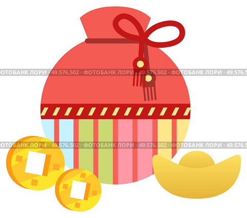 Chinese bag for luck vector, isolated fabric sac with traditional colors and ornaments. Oriental style of design. China elements and cookies with prediction, golden coins. Success and happiness signs. Fortune Bag with Cookies and Golden Coins Vector. Стоковая иллюстрация, агентство Ingram Publishing / Фотобанк Лори