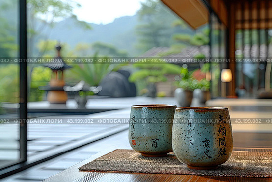 Chinese Ceremony. Brown ceramic pot and brown cup .Green tea on bamboo mat, aged wooden table. Japanese Tea - Hot Teapot And Teacups On Bamboo Mat. Стоковое AI-изображение, AI-художник Ирина Михайличенко / Фотобанк Лори